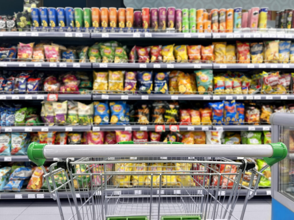 empty grocery cart in an empty supermarket