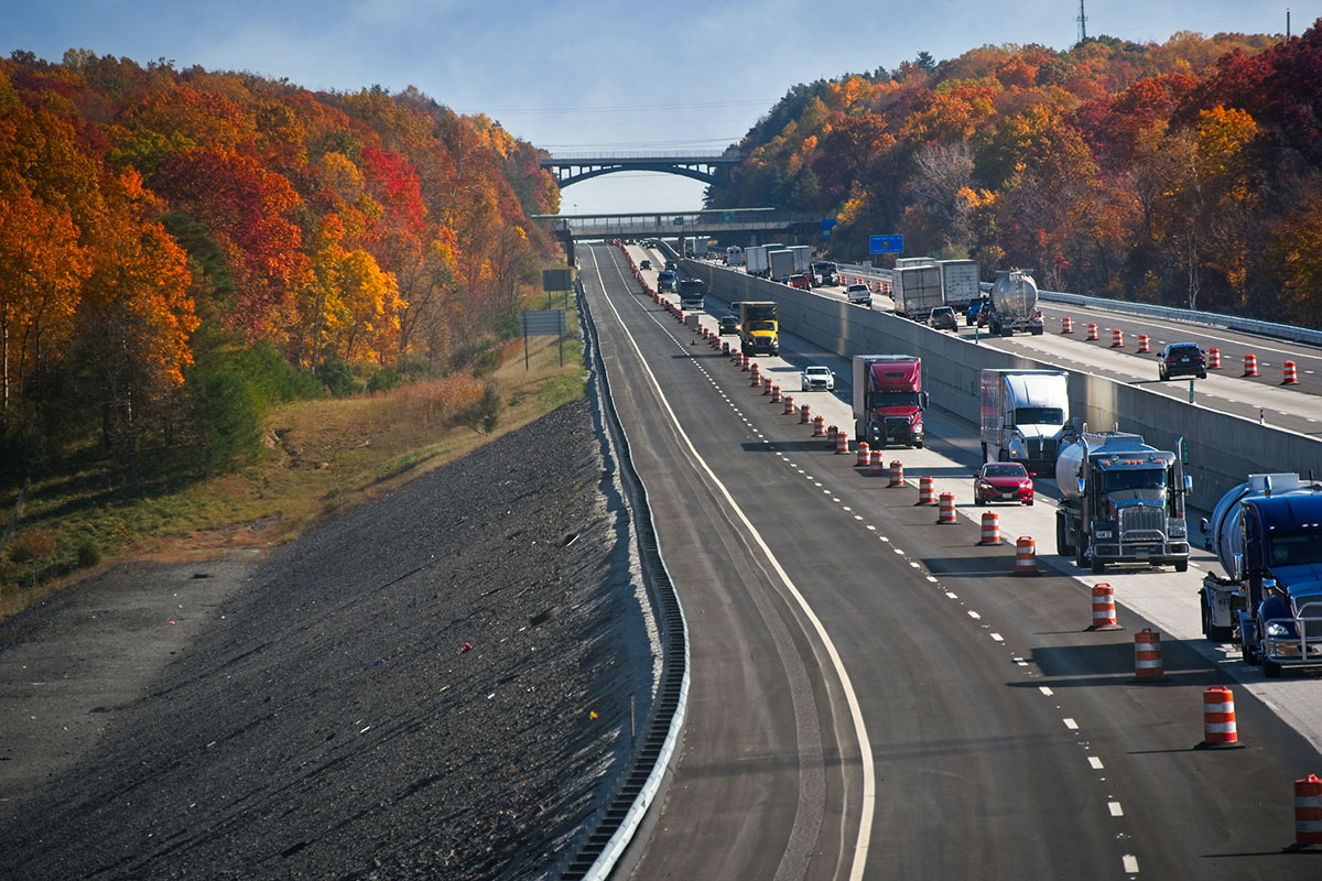 Heavy traffic with tractor trailers on an Ohio highway.