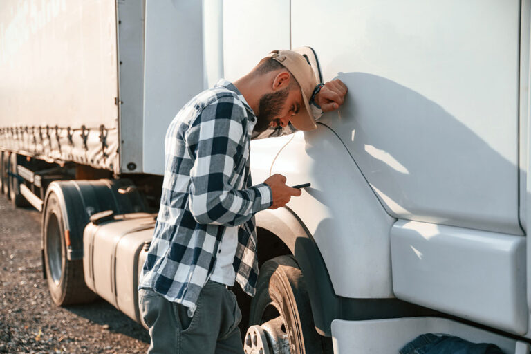 A man is pictured leaning against the cab of a truck while looking at his phone.