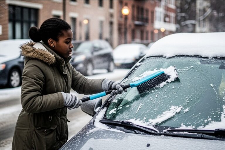 A person in a winter coat and gloves uses a snow brush to clear snow off a car windshield on a snowy city street, conveying a sense of focus and winter chill.