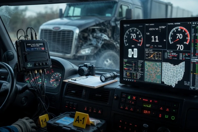 Ohio truck accident scene with black box data recorder and event data display inside cab, showing speed and telemetry – critical evidence to prove fault in commercial truck crashes.
