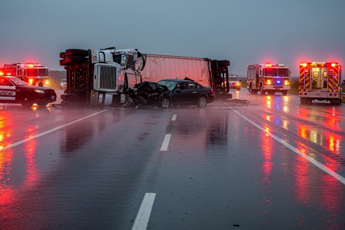 Overturned semi-truck jackknife accident on wet Ohio highway involving passenger car – Slater & Zurz truck accident attorneys