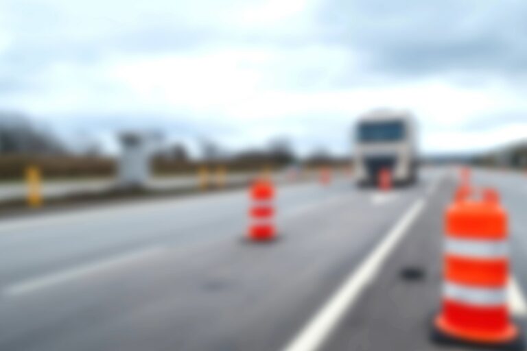 Orange construction cones and barrels line an Ohio interstate highway as a commercial semi-truck approaches under cloudy summer skies, highlighting elevated summer truck accident risks in work zones.