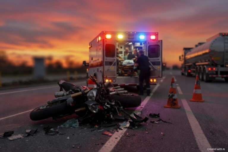 Damaged motorcycle on a Northeast Ohio highway after a collision with a commercial truck, ambulance with emergency responders, traffic cones, and tanker truck visible at sunset