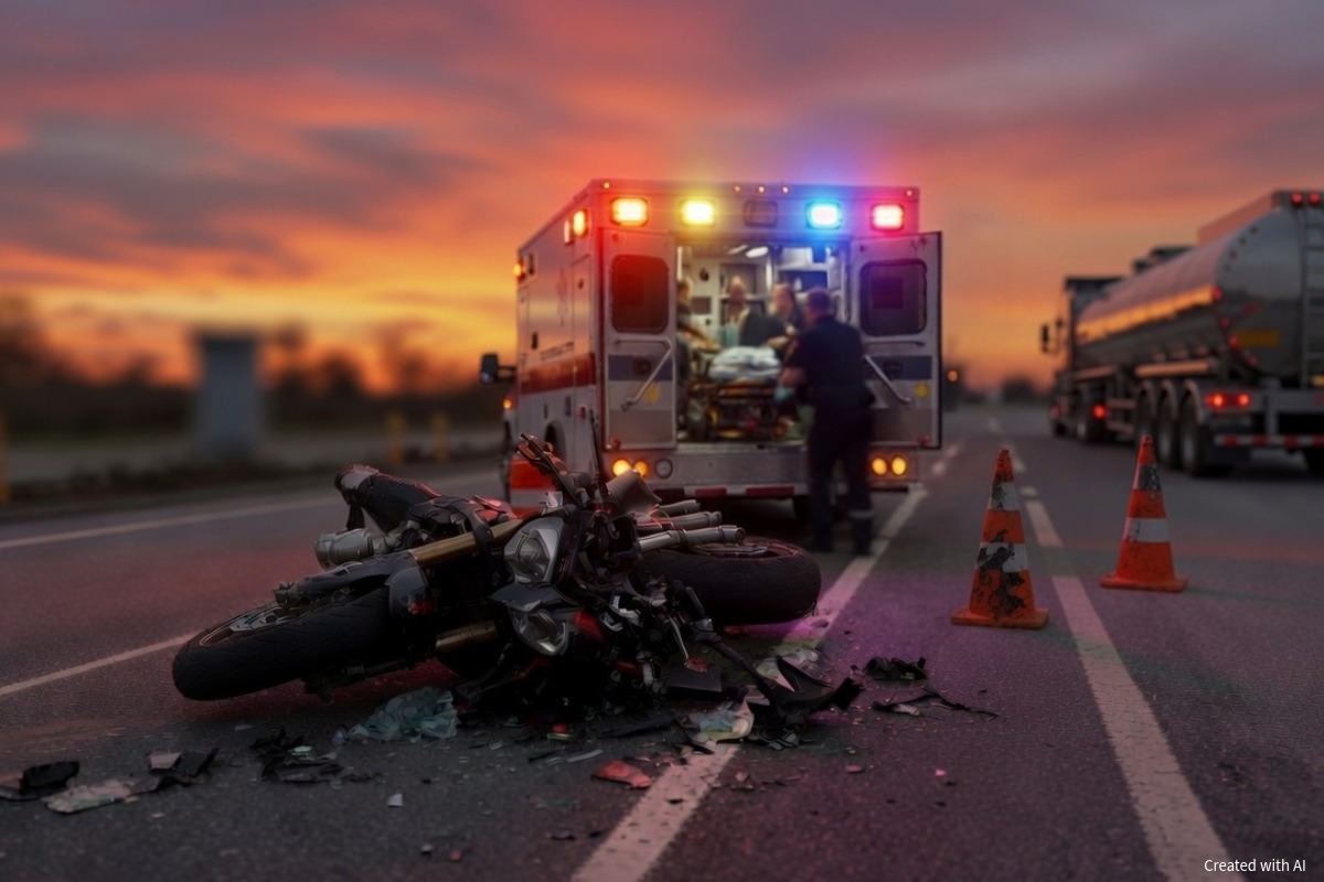 Damaged motorcycle on a Northeast Ohio highway after a collision with a commercial truck, ambulance with emergency responders, traffic cones, and tanker truck visible at sunset