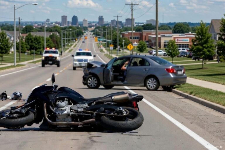 Downed motorcycle and damaged gray sedan after a crash on an Ohio suburban street as police vehicles approach