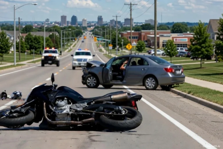 Downed motorcycle and damaged gray sedan after a crash on an Ohio suburban street as police vehicles approach