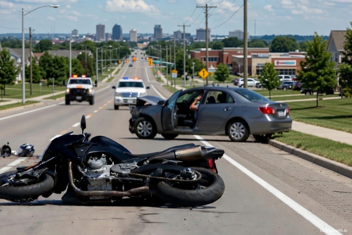 Downed motorcycle and damaged gray sedan after a crash on an Ohio suburban street as police vehicles approach