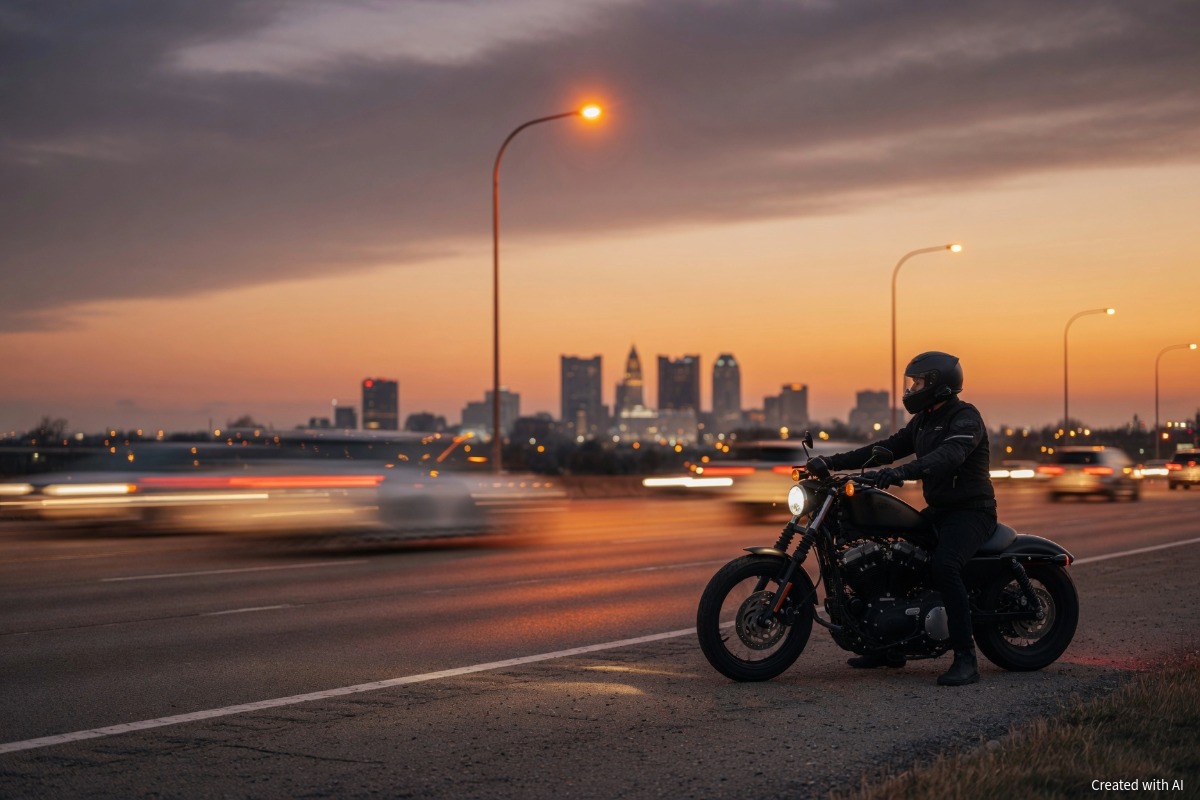 Motorcyclist on multi-lane Ohio highway at dusk with Cleveland skyline, illustrating risks of uninsured motorist motorcycle accidents